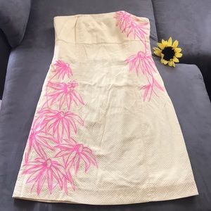 Lilly Pulitzer Cream Strapless Midi Dress with Pink Floral Design